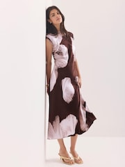 Mint Velvet Brown Satin Abstract Print Midi Dress - Image 5 of 8