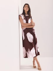 Mint Velvet Brown Satin Abstract Print Midi Dress - Image 6 of 8