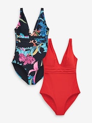 Bleu marine à fleurs/rouge - Lot de 2 maillots de bain gainants à décolleté plongeant - Image 1 of 6