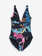 Bleu marine à fleurs/rouge - Lot de 2 maillots de bain gainants à décolleté plongeant - Image 2 of 6