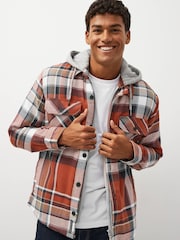 Rust Brown Borg Lined Check Shacket with Hood - Image 1 of 9