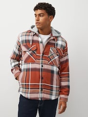 Rust Brown Borg Lined Check Shacket with Hood - Image 2 of 9