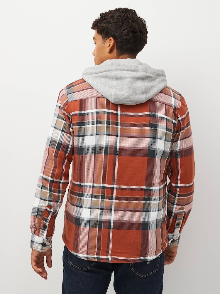 Rust Brown Borg Lined Check Shacket with Hood - Image 3 of 9