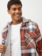 Rust Brown Borg Lined Check Shacket with Hood - Image 4 of 9