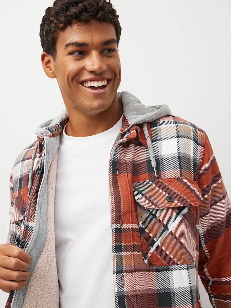 Rust Brown Borg Lined Check Shacket with Hood - Image 4 of 9