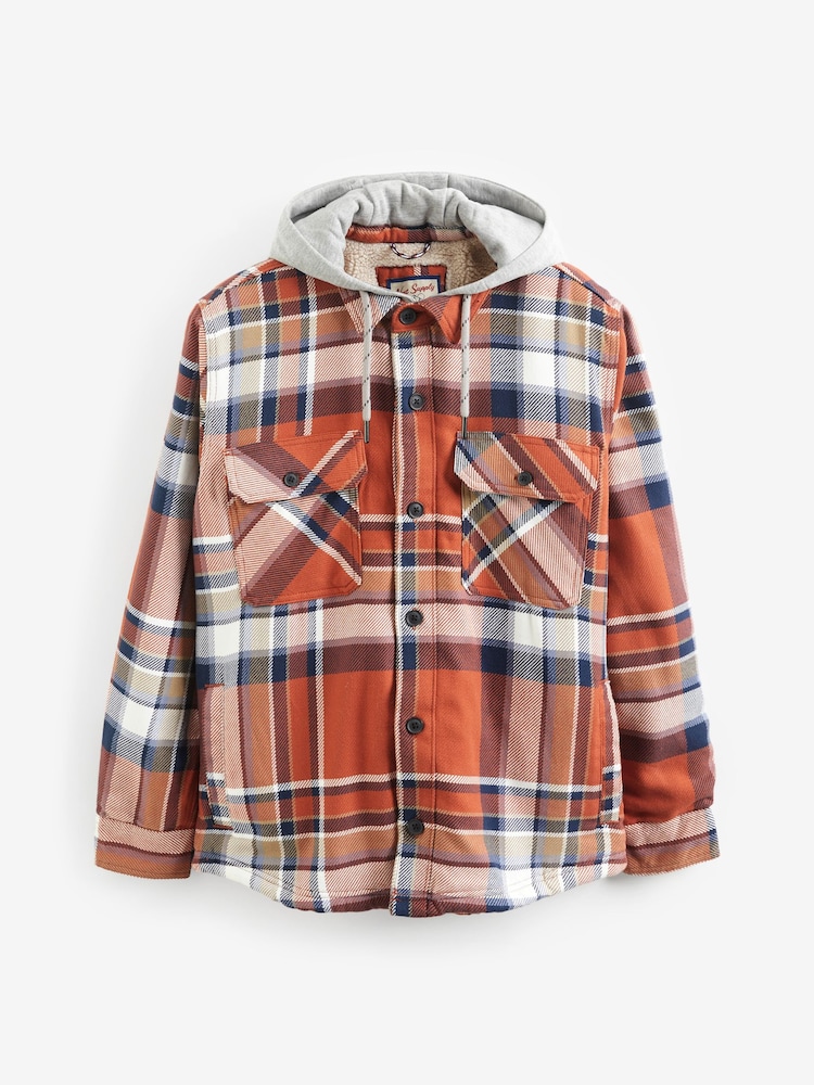 Rust Brown Borg Lined Check Shacket with Hood - Image 5 of 9