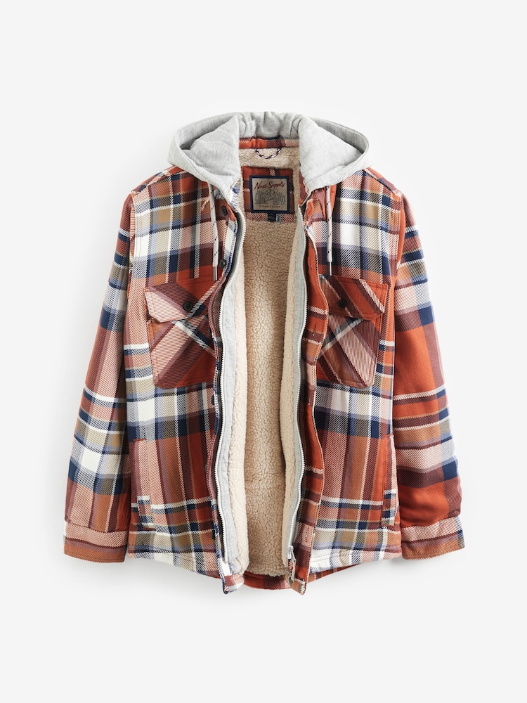 Rust Brown Borg Lined Check Shacket with Hood - Image 6 of 9