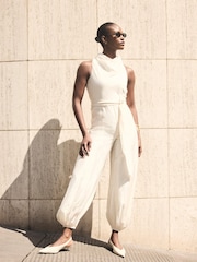 Mint Velvet Cream Sleeveless Linen Blend Belted Balloon Jumpsuit - Image 1 of 8