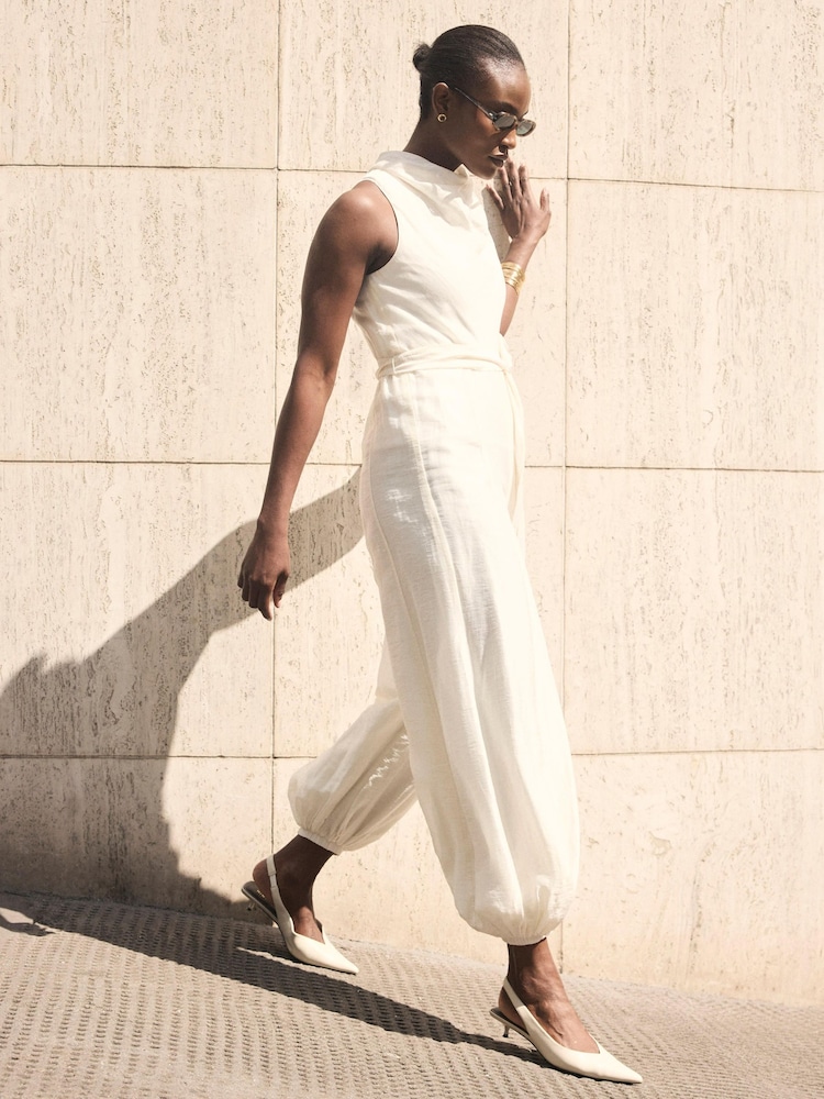 Mint Velvet Cream Sleeveless Linen Blend Belted Balloon Jumpsuit - Image 2 of 8 Mint Velvet Cream Sleeveless Linen Blend Belted Balloon Jumpsuit - Image 2 of 8