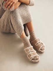 Neutral Forever Comfort® Faux Fur Double Strap Leather Footbed Sandals - Image 1 of 8