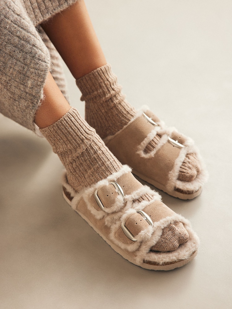 Neutral Forever Comfort® Faux Fur Double Strap Leather Footbed Sandals - Image 2 of 8