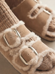 Neutral Forever Comfort® Faux Fur Double Strap Leather Footbed Sandals - Image 3 of 8