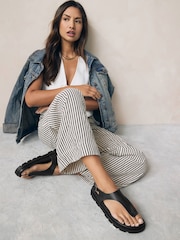 Black Leather Toe Thong Footbed Sandals - Image 1 of 7