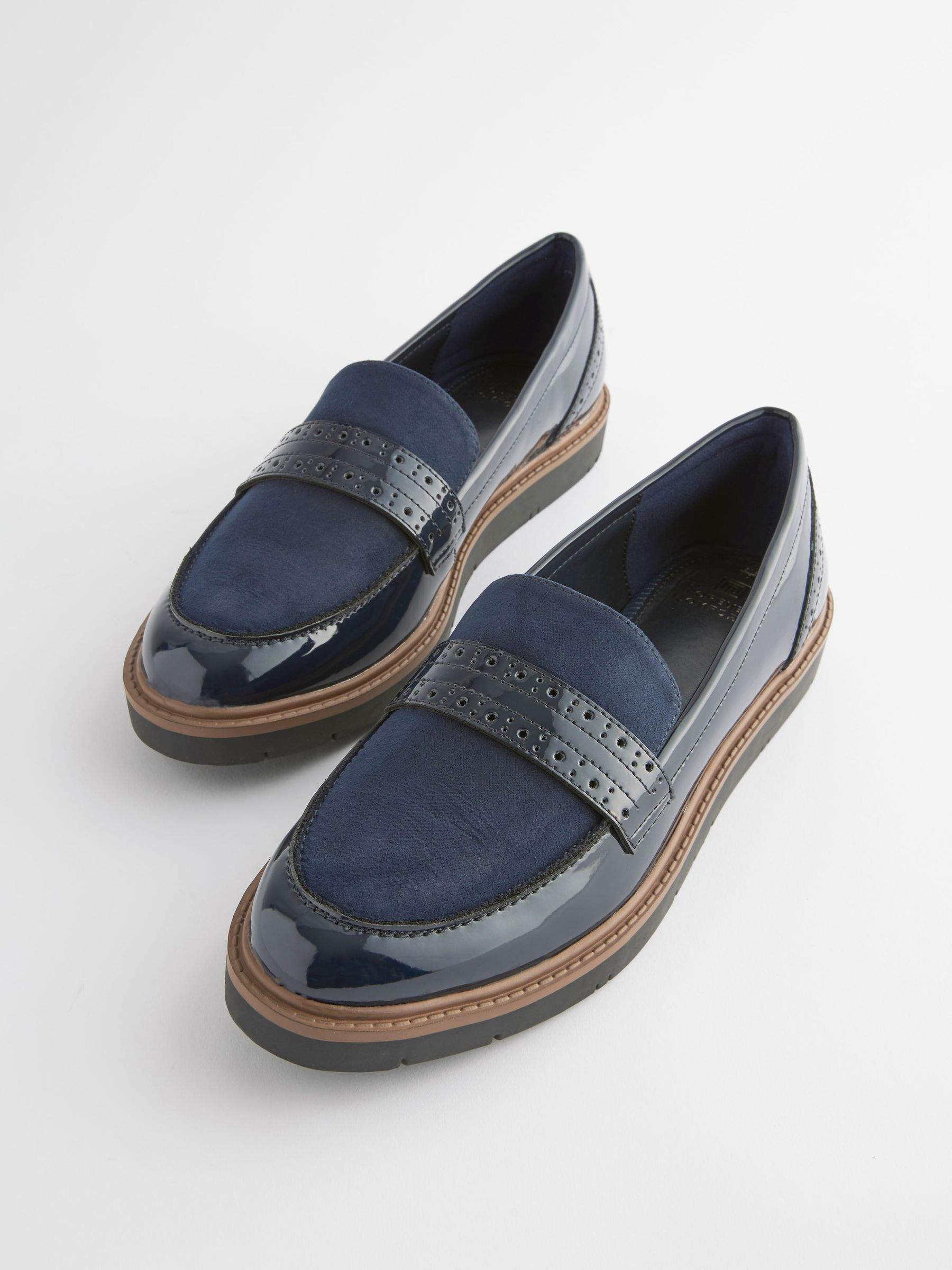 Navy Blue Standard Wide Fit Forever Comfort Brogue Detail Chunky Sole Loafers