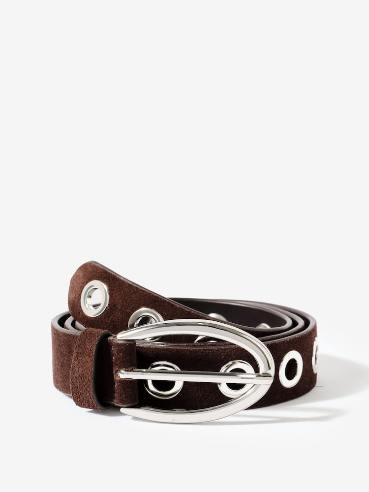 Mint Velvet Chocolate Brown Suede Eyelet Belt - Image 1 of 3 Mint Velvet Chocolate Brown Suede Eyelet Belt - Image 1 of 3