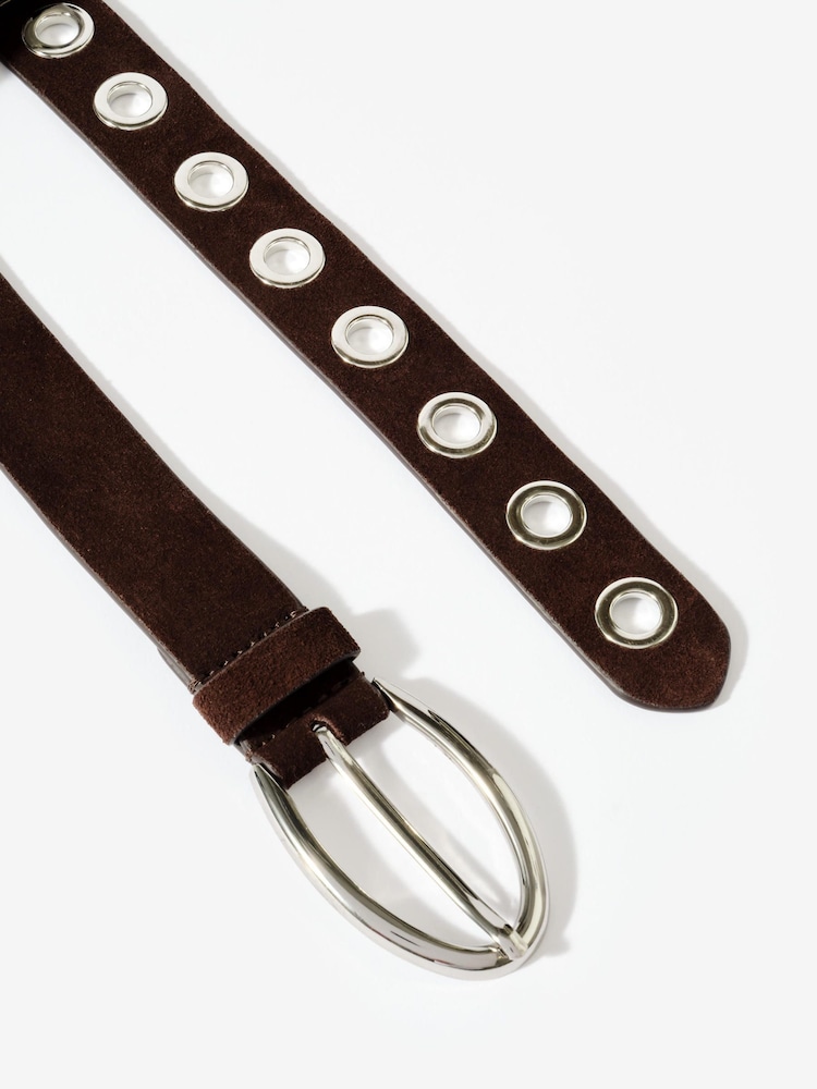 Mint Velvet Chocolate Brown Suede Eyelet Belt - Image 2 of 3 Mint Velvet Chocolate Brown Suede Eyelet Belt - Image 2 of 3