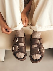 Chocolate Brown Forever Comfort® Faux Fur Double Strap Leather Footbed Sandals - Image 1 of 8