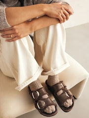 Chocolate Brown Forever Comfort® Faux Fur Double Strap Leather Footbed Sandals - Image 2 of 8