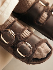 Chocolate Brown Forever Comfort® Faux Fur Double Strap Leather Footbed Sandals - Image 3 of 8