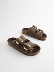 Chocolate Brown Forever Comfort® Faux Fur Double Strap Leather Footbed Sandals - Image 4 of 8