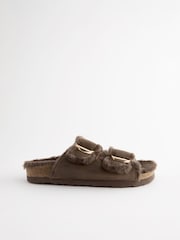 Chocolate Brown Forever Comfort® Faux Fur Double Strap Leather Footbed Sandals - Image 5 of 8
