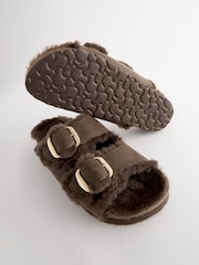 Chocolate Brown Forever Comfort® Faux Fur Double Strap Leather Footbed Sandals - Image 6 of 8