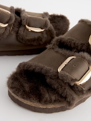 Chocolate Brown Forever Comfort® Faux Fur Double Strap Leather Footbed Sandals - Image 7 of 8