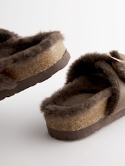 Chocolate Brown Forever Comfort® Faux Fur Double Strap Leather Footbed Sandals - Image 8 of 8