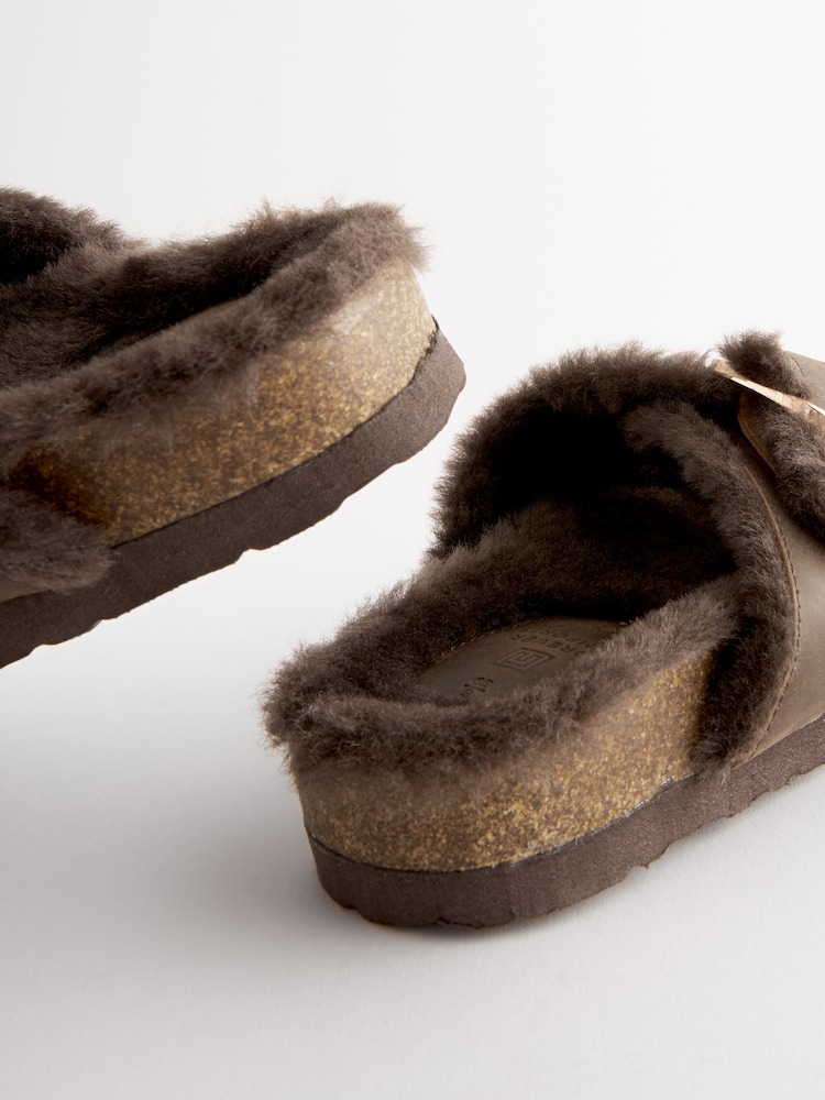 Chocolate Brown Forever Comfort® Faux Fur Double Strap Leather Footbed Sandals - Image 8 of 8