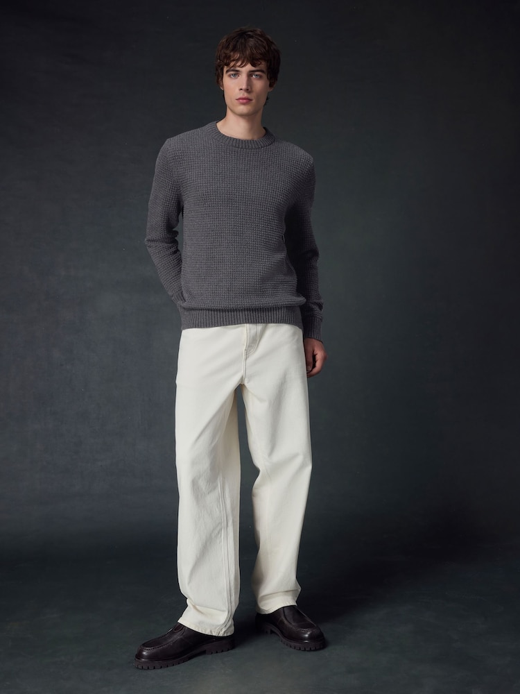 Charcoal Grey Regular Fit Textured Waffle Crew Neck Jumper - Image 2 of 9