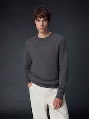 Charcoal Grey Regular Fit Textured Waffle Crew Neck Jumper - Image 3 of 9