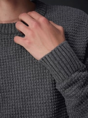 Charcoal Grey Regular Fit Textured Waffle Crew Neck Jumper - Image 6 of 9