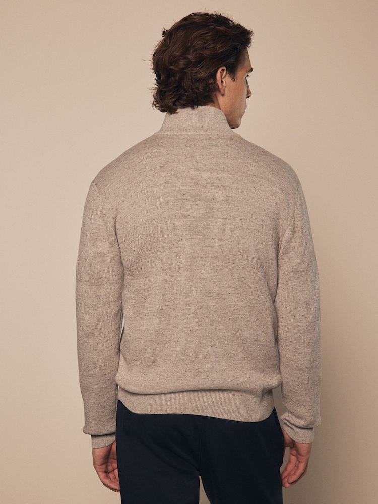 Neutral Marl Plain Regular Fit 100% Cotton Premium Quarter Zip Jumper - Image 2 of 8