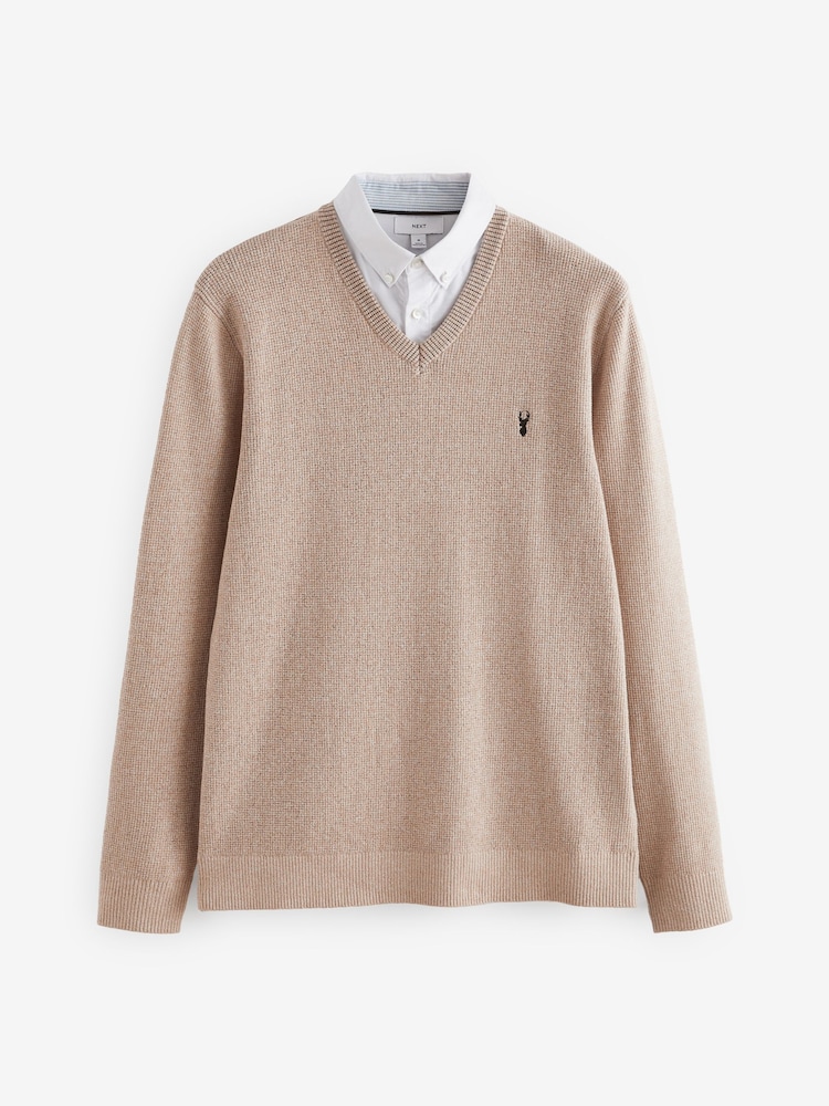 Neutral Oxford V-Neck Regular Mock Shirt Jumper - Image 5 of 7