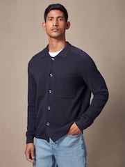 Navy Blue Relaxed Fit 100% Cotton Knit Twin Pocket Shacket - Image 1 of 7