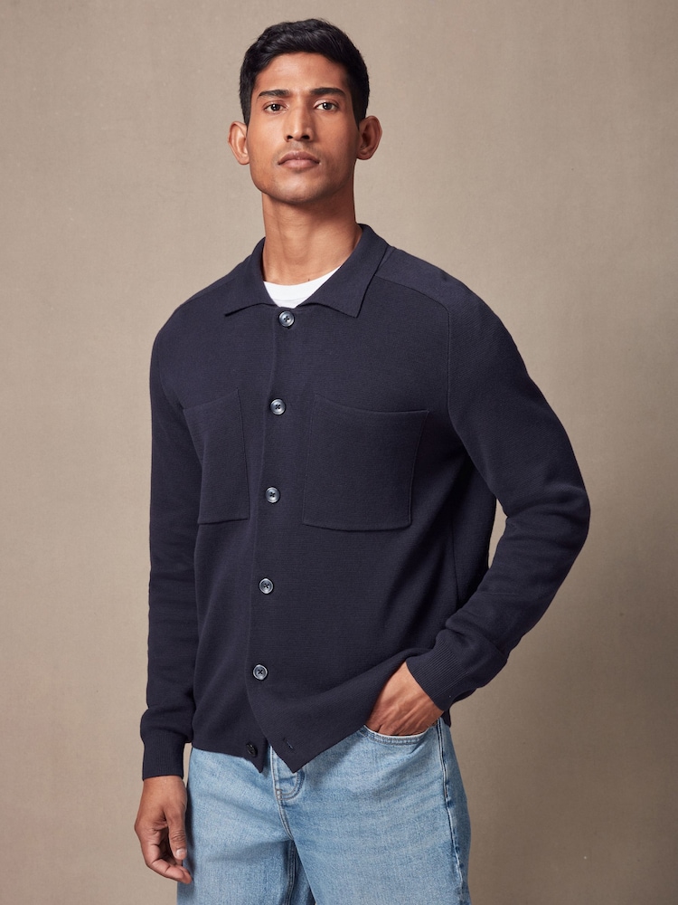 Navy Blue Relaxed Fit 100% Cotton Knit Twin Pocket Shacket - Image 1 of 7