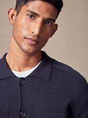 Navy Blue Relaxed Fit 100% Cotton Knit Twin Pocket Shacket - Image 4 of 7