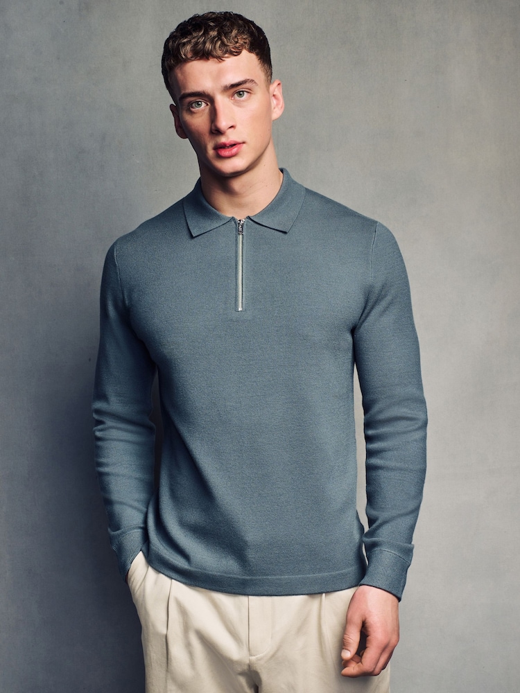 Teal Blue Soft Touch Regular Fit Quarter Zip Knitted Long Sleeve Polo Shirt - Image 1 of 7