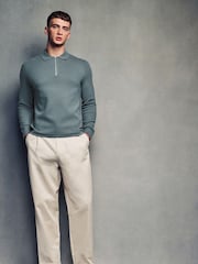 Teal Blue Soft Touch Regular Fit Quarter Zip Knitted Long Sleeve Polo Shirt - Image 2 of 7