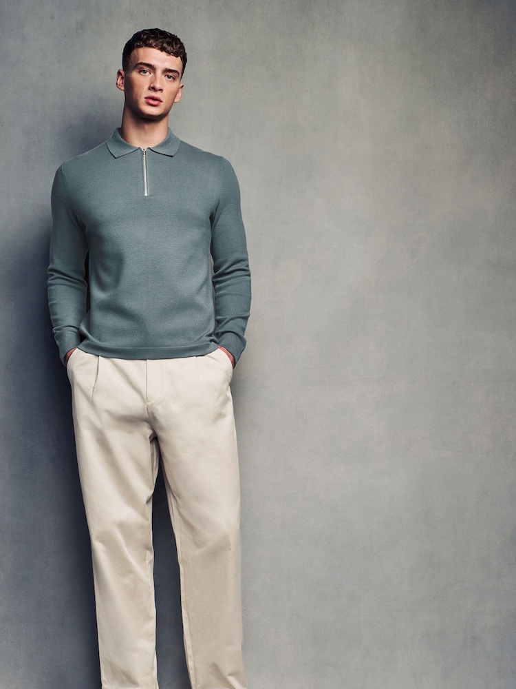 Teal Blue Soft Touch Regular Fit Quarter Zip Knitted Long Sleeve Polo Shirt - Image 2 of 7