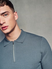 Teal Blue Soft Touch Regular Fit Quarter Zip Knitted Long Sleeve Polo Shirt - Image 4 of 7