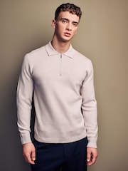 Neutral Soft Touch Regular Fit Quarter Zip Knitted Long Sleeve Polo Shirt - Image 1 of 7