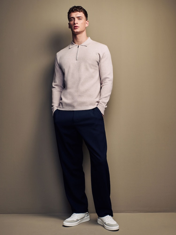 Neutral Soft Touch Regular Fit Quarter Zip Knitted Long Sleeve Polo Shirt - Image 2 of 7