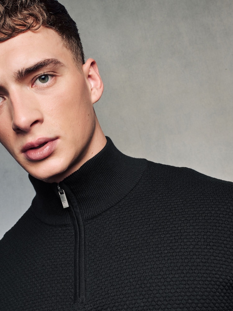 Black Texture Regular Fit 100% Cotton Premium Quarter Zip Jumper - Image 1 of 7