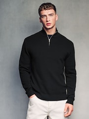 Black Texture Regular Fit 100% Cotton Premium Quarter Zip Jumper - Image 2 of 7