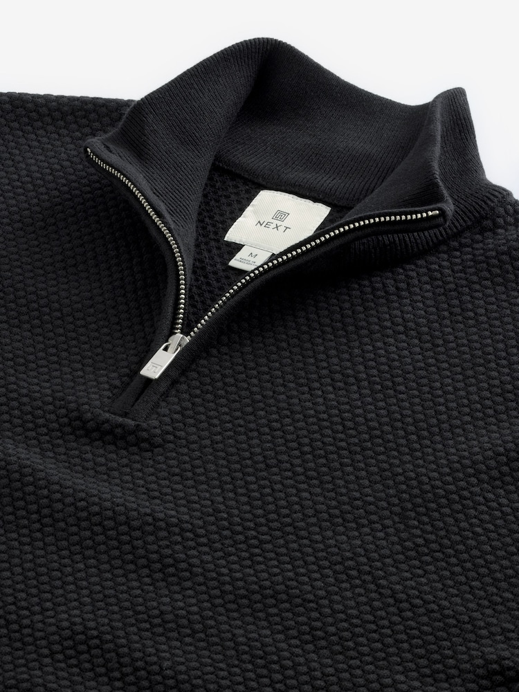 Black Texture Regular Fit 100% Cotton Premium Quarter Zip Jumper - Image 7 of 7