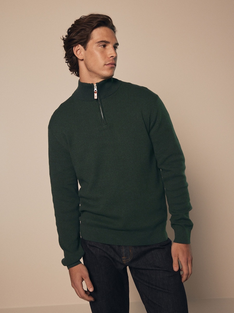 Forest Green Plain Regular Fit 100% Cotton Premium Quarter Zip Jumper - Image 1 of 7