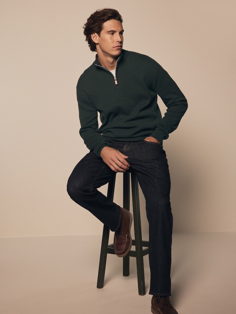Forest Green Plain Regular Fit 100% Cotton Premium Quarter Zip Jumper - Image 2 of 7