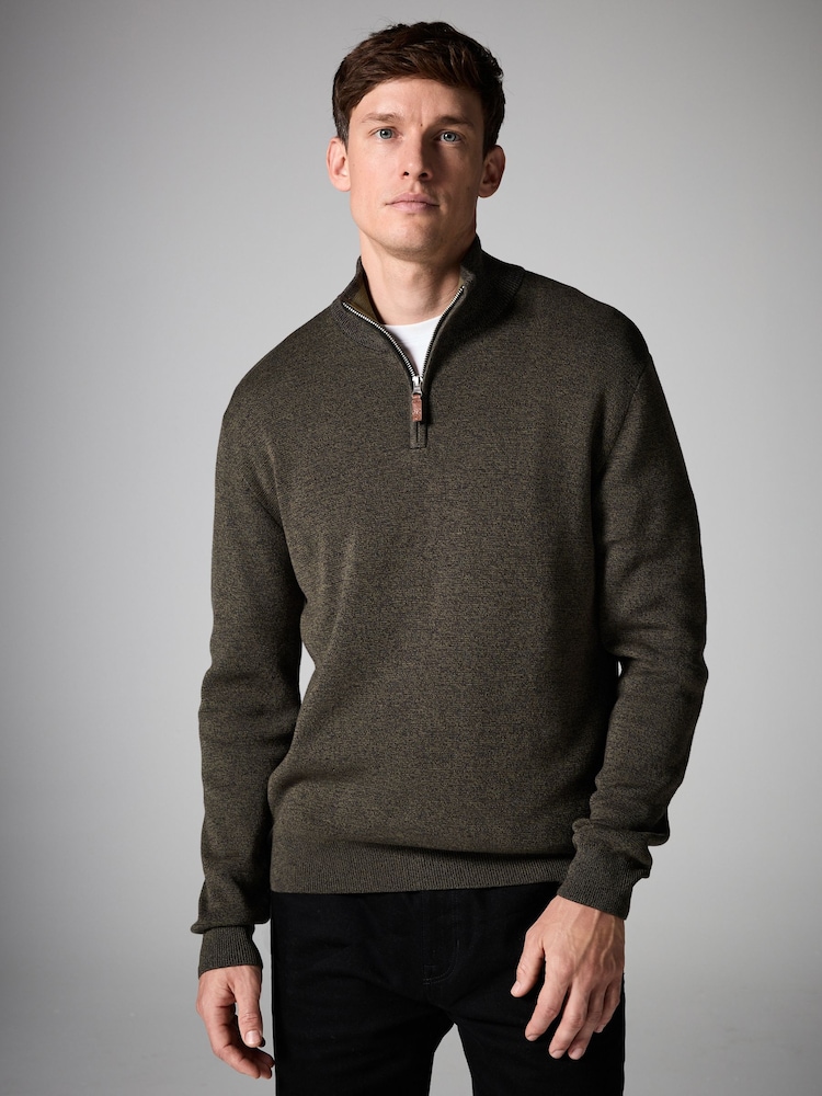 Olive Green Plain Regular Fit 100% Cotton Premium Quarter Zip Jumper - Image 1 of 7