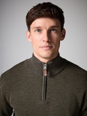 Olive Green Plain Regular Fit 100% Cotton Premium Quarter Zip Jumper - Image 4 of 7